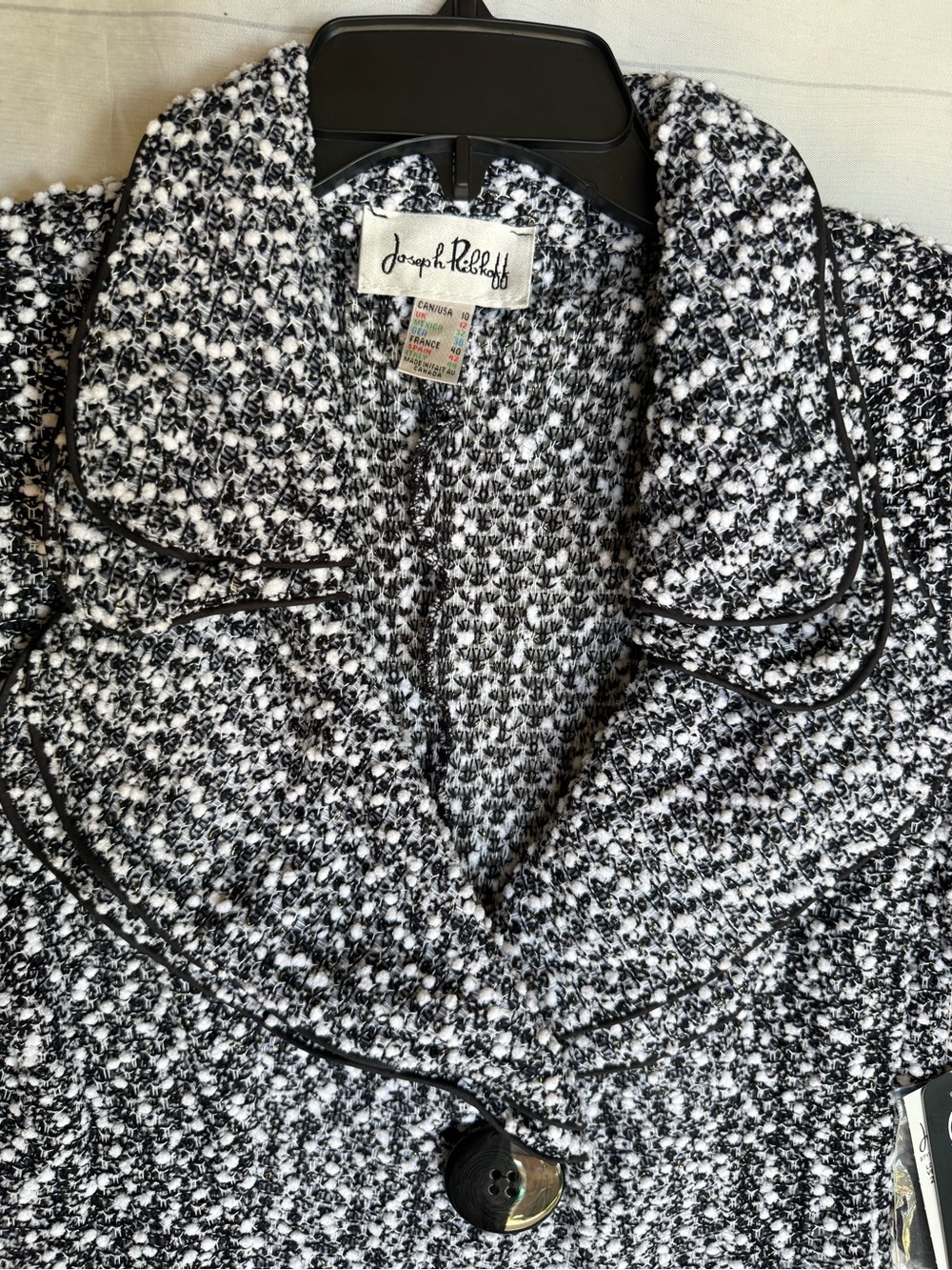Joseph Ribkoff Black and White Textured Knit Blazer tweed ruffled collar jacket - Picture 3 of 16